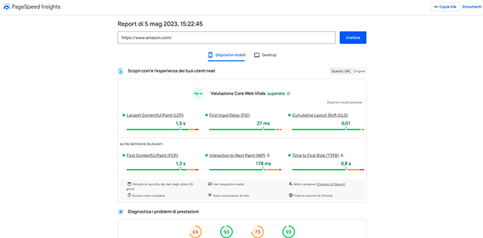 schermata di esempio di google page speed insights