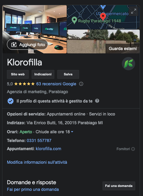 scheda google my business di Klorofilla