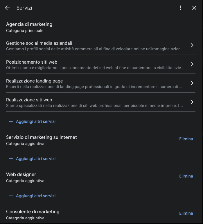 sezione servizi di google my business